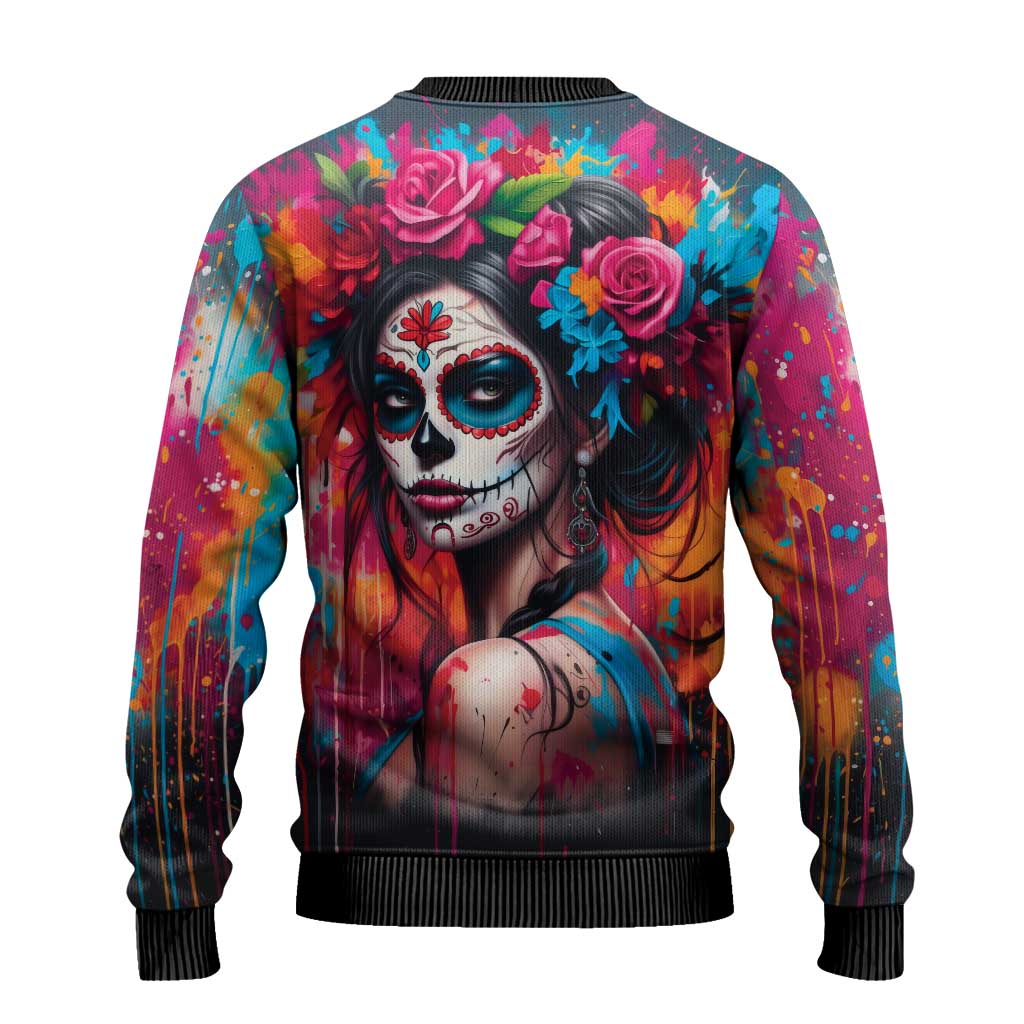 Mexico Day Of The Dead Ugly Christmas Sweater Rose Catrina Goddess Sugar Skull - Wonder Print Shop