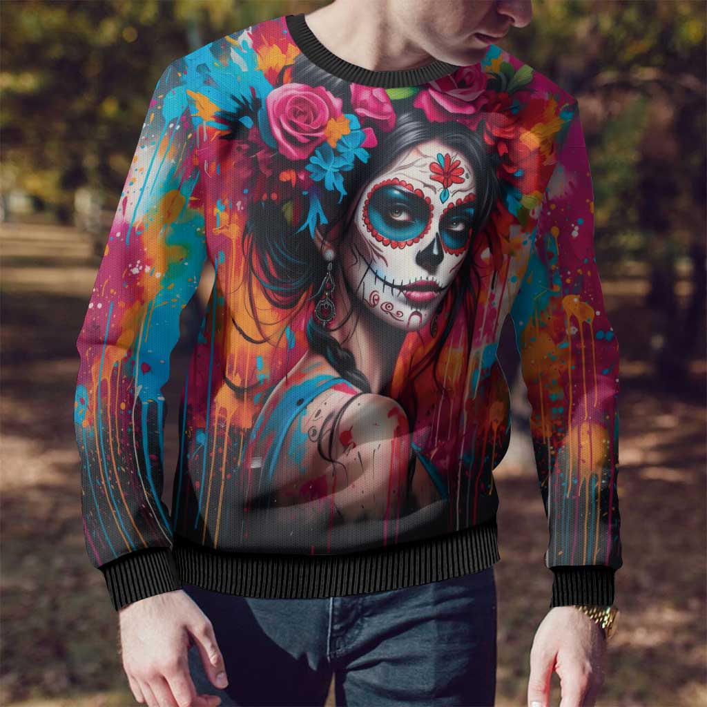 Mexico Day Of The Dead Ugly Christmas Sweater Rose Catrina Goddess Sugar Skull - Wonder Print Shop