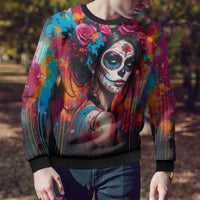 Mexico Day Of The Dead Ugly Christmas Sweater Rose Catrina Goddess Sugar Skull - Wonder Print Shop