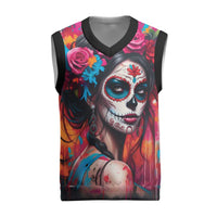 Mexico Day Of The Dead Christmas Knitted V-Neck Vest Rose Catrina Goddess Sugar Skull - Wonder Print Shop