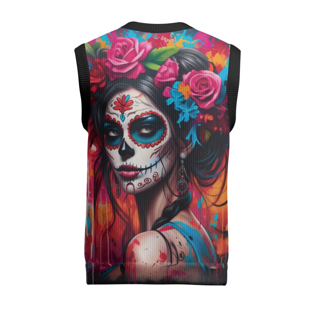 Mexico Day Of The Dead Christmas Knitted V-Neck Vest Rose Catrina Goddess Sugar Skull - Wonder Print Shop