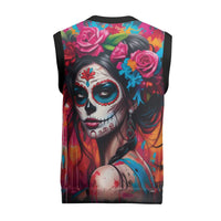 Mexico Day Of The Dead Christmas Knitted V-Neck Vest Rose Catrina Goddess Sugar Skull - Wonder Print Shop