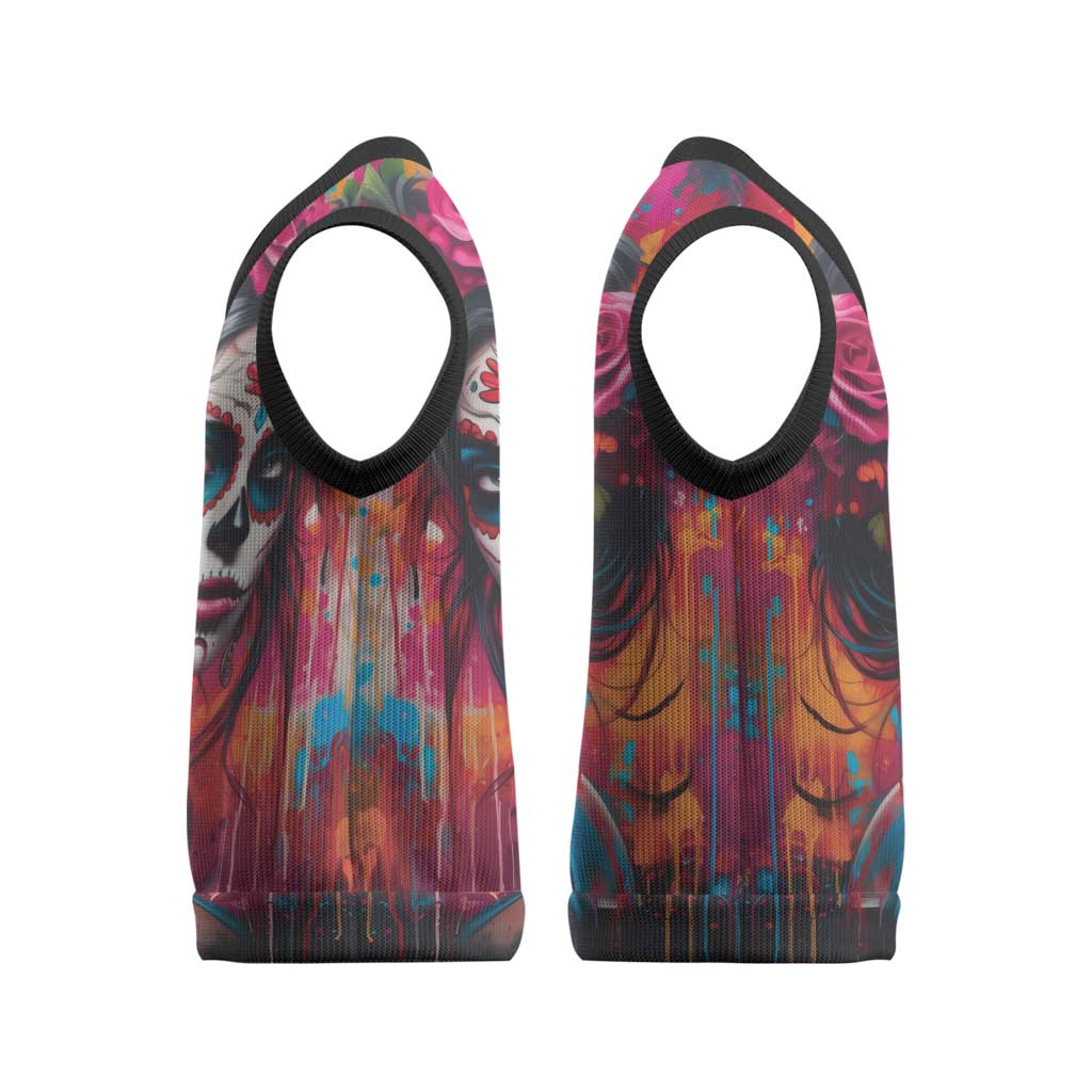 Mexico Day Of The Dead Christmas Knitted V-Neck Vest Rose Catrina Goddess Sugar Skull - Wonder Print Shop