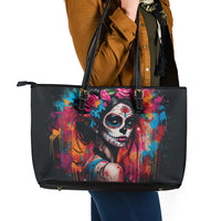 Mexico Day Of The Dead Leather Tote Bag Rose Catrina Goddess Sugar Skull - Wonder Print Shop