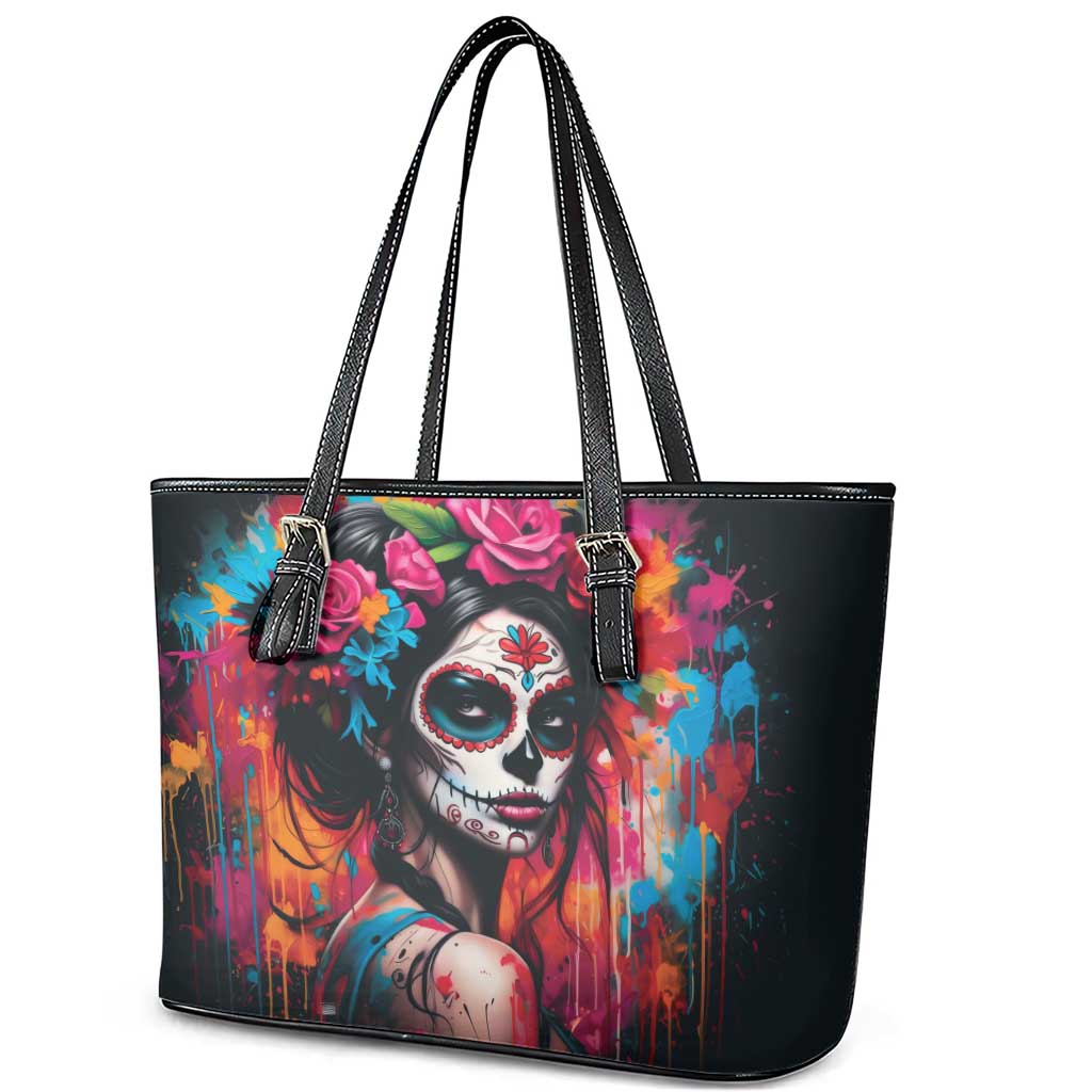 Mexico Day Of The Dead Leather Tote Bag Rose Catrina Goddess Sugar Skull - Wonder Print Shop