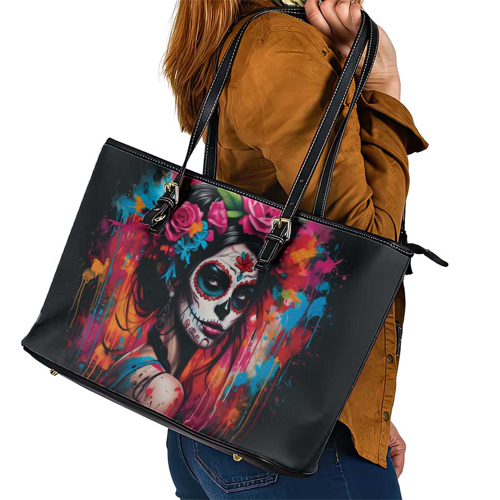 Mexico Day Of The Dead Leather Tote Bag Rose Catrina Goddess Sugar Skull - Wonder Print Shop