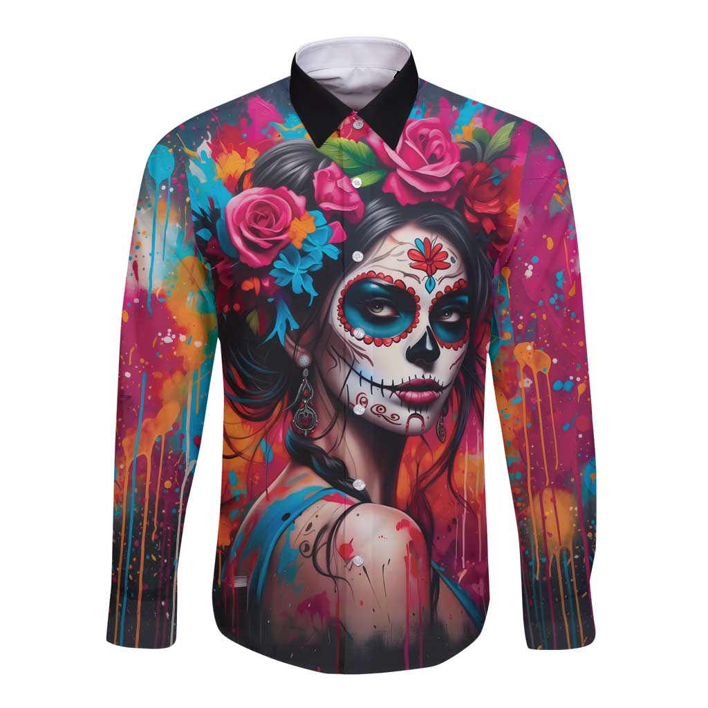 Mexico Day Of The Dead Long Sleeve Button Shirt Rose Catrina Goddess Sugar Skull - Wonder Print Shop