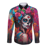 Mexico Day Of The Dead Long Sleeve Button Shirt Rose Catrina Goddess Sugar Skull - Wonder Print Shop