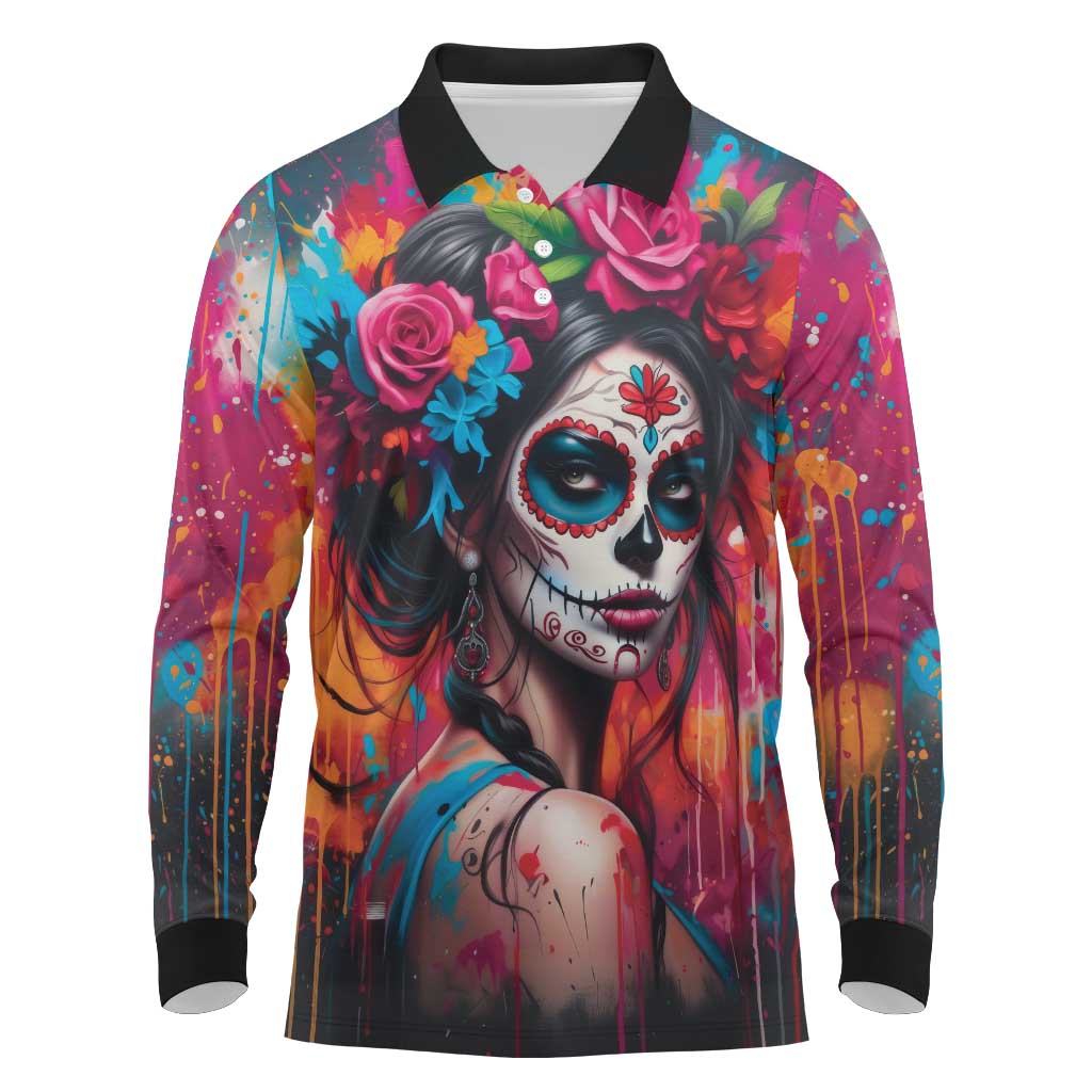 Mexico Day Of The Dead Long Sleeve Polo Shirt Rose Catrina Goddess Sugar Skull - Wonder Print Shop