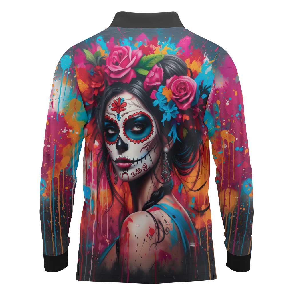 Mexico Day Of The Dead Long Sleeve Polo Shirt Rose Catrina Goddess Sugar Skull - Wonder Print Shop