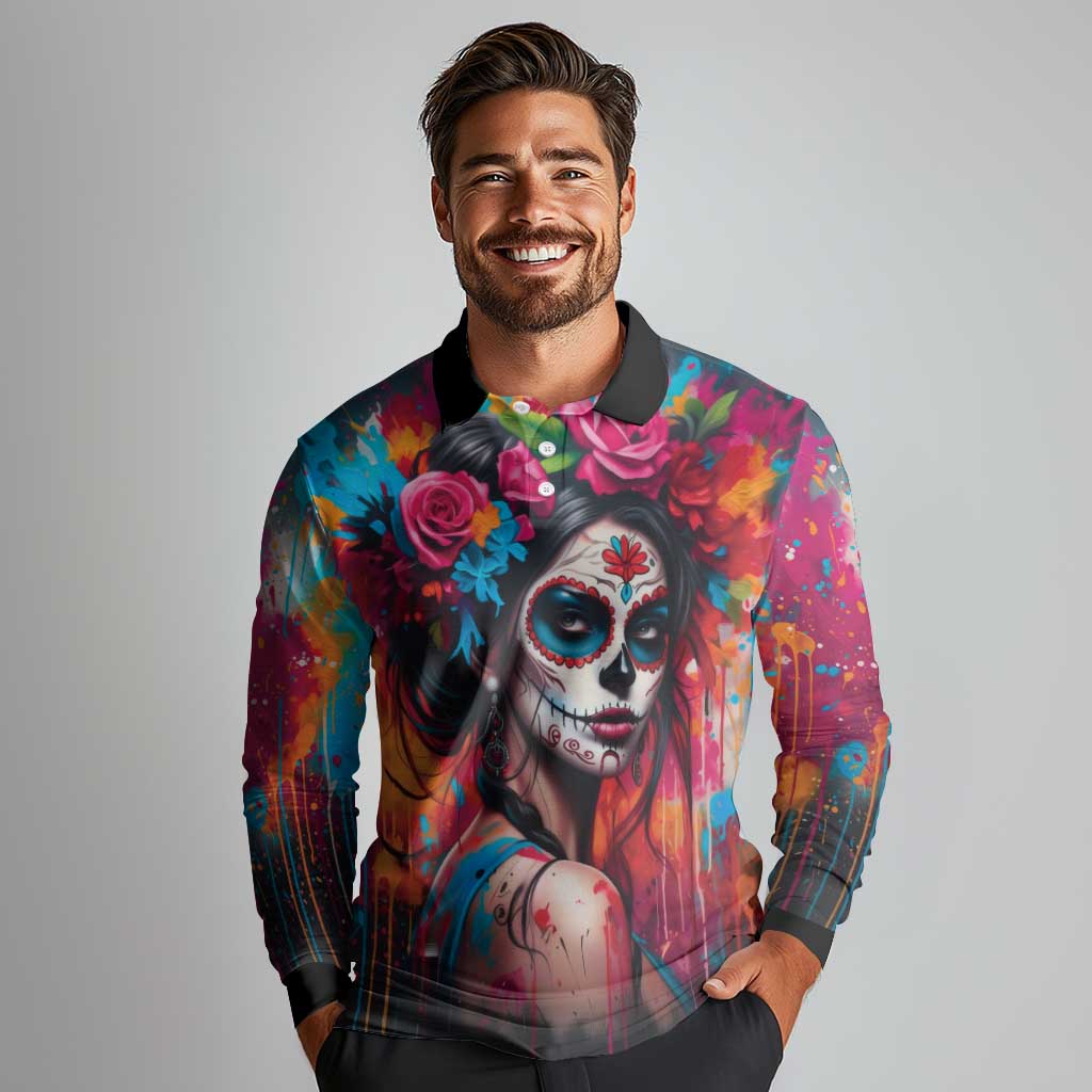 Mexico Day Of The Dead Long Sleeve Polo Shirt Rose Catrina Goddess Sugar Skull - Wonder Print Shop