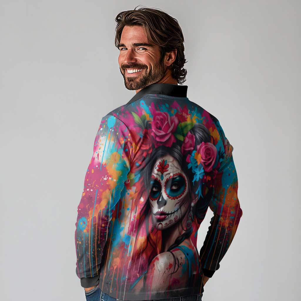 Mexico Day Of The Dead Long Sleeve Polo Shirt Rose Catrina Goddess Sugar Skull - Wonder Print Shop