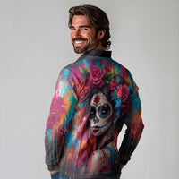 Mexico Day Of The Dead Long Sleeve Polo Shirt Rose Catrina Goddess Sugar Skull - Wonder Print Shop