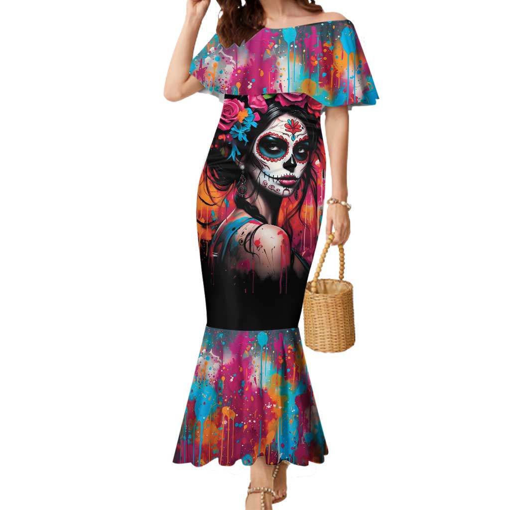 Mexico Day Of The Dead Mermaid Dress Rose Catrina Goddess Sugar Skull - Wonder Print Shop