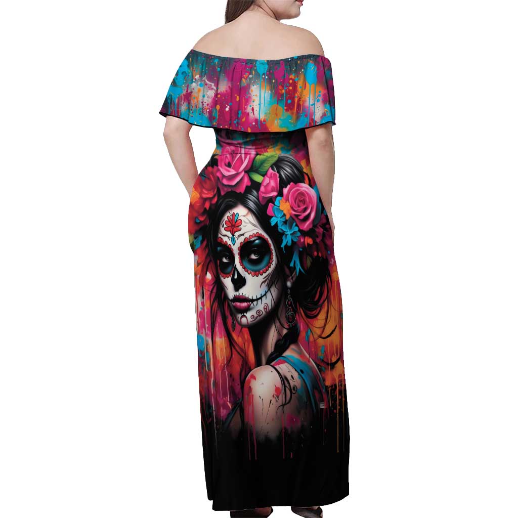 Mexico Day Of The Dead Off Shoulder Maxi Dress Rose Catrina Goddess Sugar Skull - Wonder Print Shop