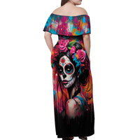Mexico Day Of The Dead Off Shoulder Maxi Dress Rose Catrina Goddess Sugar Skull - Wonder Print Shop