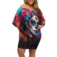 Mexico Day Of The Dead Off Shoulder Short Dress Rose Catrina Goddess Sugar Skull - Wonder Print Shop