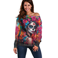 Mexico Day Of The Dead Off Shoulder Sweater Rose Catrina Goddess Sugar Skull - Wonder Print Shop