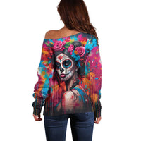 Mexico Day Of The Dead Off Shoulder Sweater Rose Catrina Goddess Sugar Skull - Wonder Print Shop