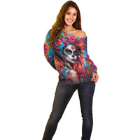 Mexico Day Of The Dead Off Shoulder Sweater Rose Catrina Goddess Sugar Skull - Wonder Print Shop