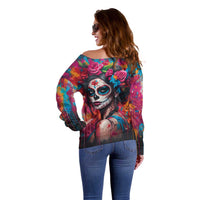 Mexico Day Of The Dead Off Shoulder Sweater Rose Catrina Goddess Sugar Skull - Wonder Print Shop