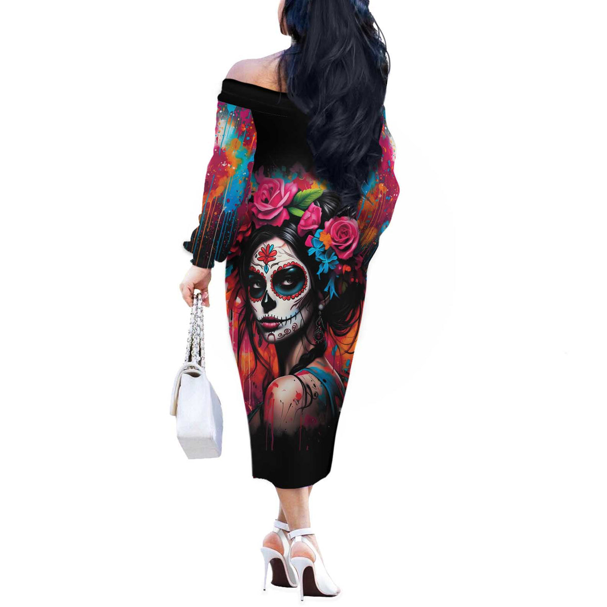 Mexico Day Of The Dead Off The Shoulder Long Sleeve Dress Rose Catrina Goddess Sugar Skull - Wonder Print Shop
