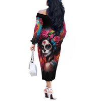 Mexico Day Of The Dead Off The Shoulder Long Sleeve Dress Rose Catrina Goddess Sugar Skull - Wonder Print Shop