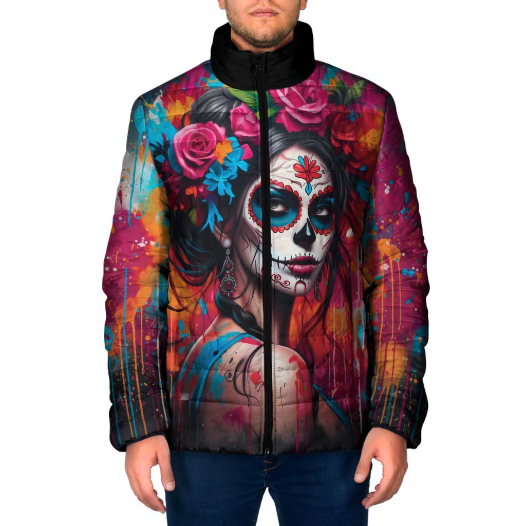 Mexico Day Of The Dead Padded Jacket Rose Catrina Goddess Sugar Skull - Wonder Print Shop