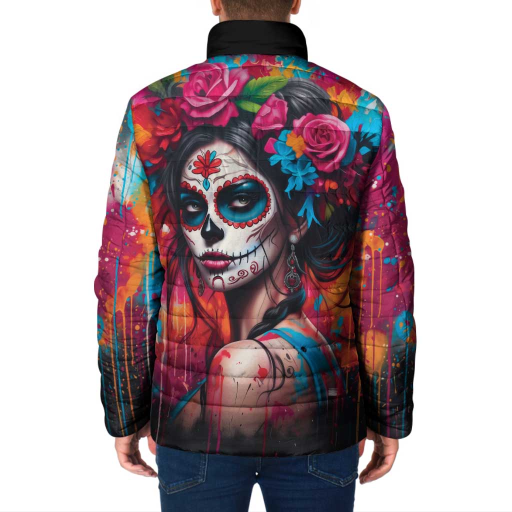 Mexico Day Of The Dead Padded Jacket Rose Catrina Goddess Sugar Skull - Wonder Print Shop