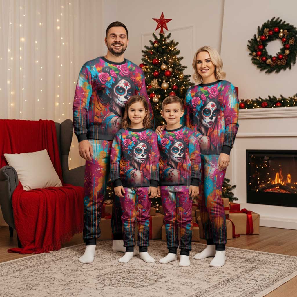 Mexico Day Of The Dead Christmas Pajama Set Rose Catrina Goddess Sugar Skull - Wonder Print Shop