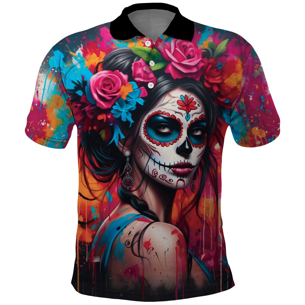 Mexico Day Of The Dead Polo Shirt Rose Catrina Goddess Sugar Skull - Wonder Print Shop