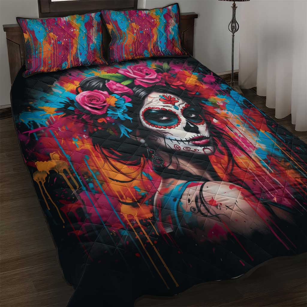 Mexico Day Of The Dead Quilt Bed Set Rose Catrina Goddess Sugar Skull - Wonder Print Shop