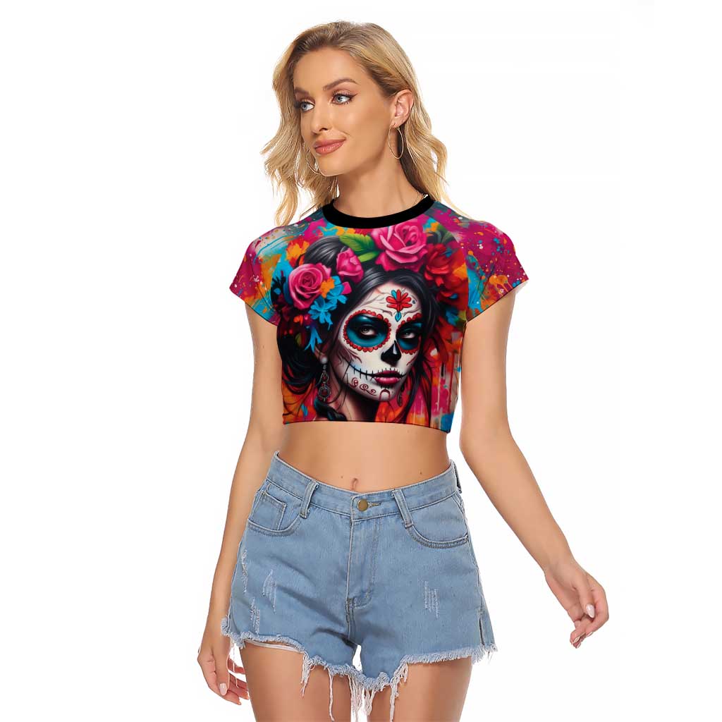 Mexico Day Of The Dead Raglan Cropped T Shirt Rose Catrina Goddess Sugar Skull - Wonder Print Shop