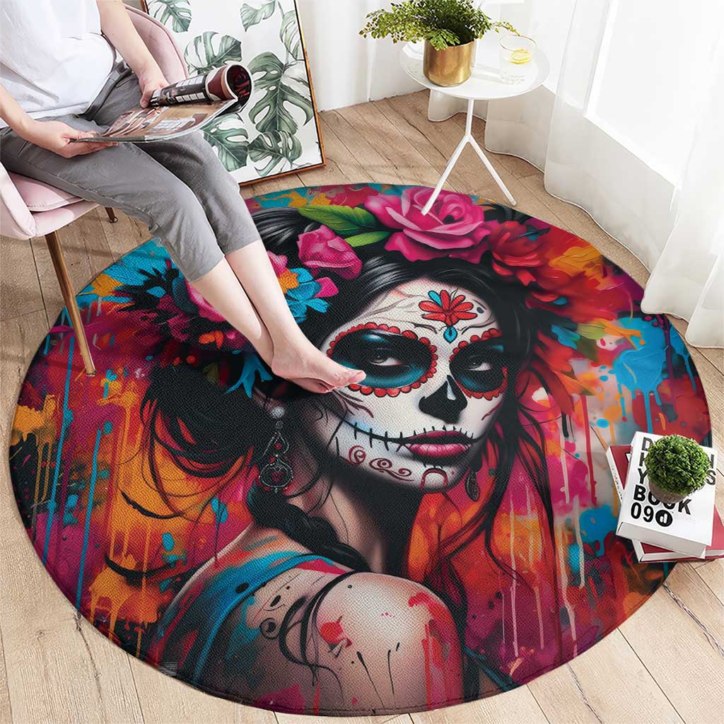 Mexico Day Of The Dead Round Carpet Rose Catrina Goddess Sugar Skull - Wonder Print Shop