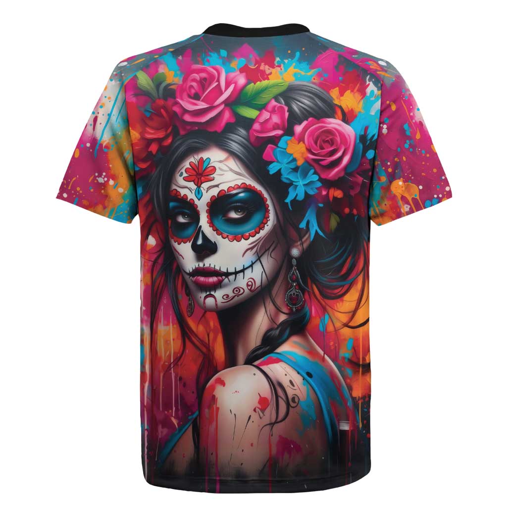 Mexico Day Of The Dead Rugby Jersey Rose Catrina Goddess Sugar Skull - Wonder Print Shop