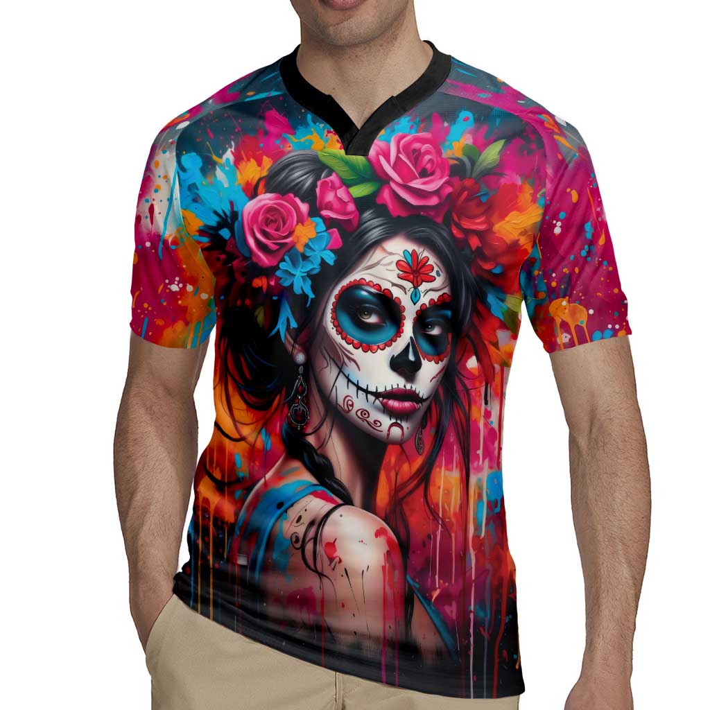 Mexico Day Of The Dead Rugby Jersey Rose Catrina Goddess Sugar Skull - Wonder Print Shop