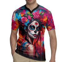 Mexico Day Of The Dead Rugby Jersey Rose Catrina Goddess Sugar Skull - Wonder Print Shop