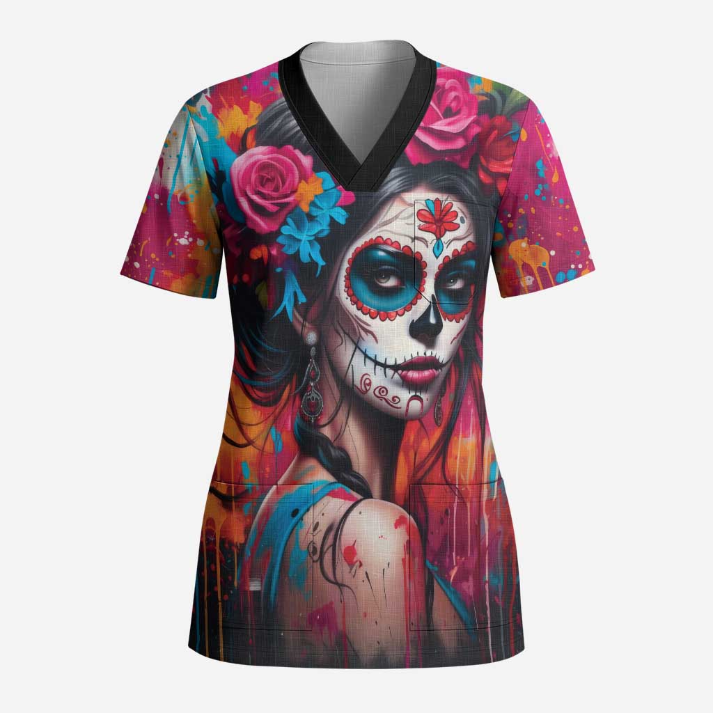 Mexico Day Of The Dead Scrub Top Rose Catrina Goddess Sugar Skull - Wonder Print Shop