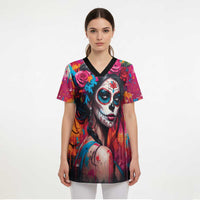 Mexico Day Of The Dead Scrub Top Rose Catrina Goddess Sugar Skull - Wonder Print Shop