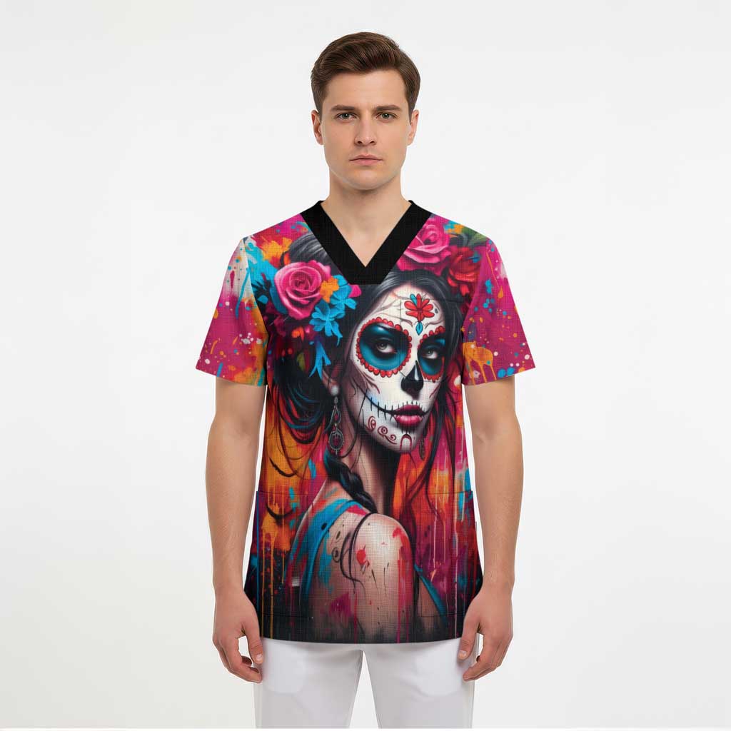 Mexico Day Of The Dead Scrub Top Rose Catrina Goddess Sugar Skull - Wonder Print Shop