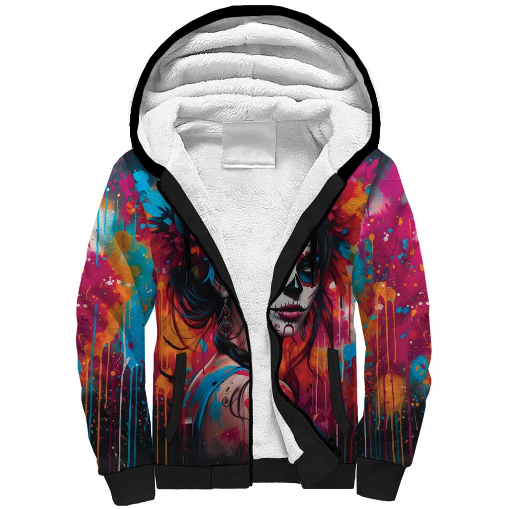 Mexico Day Of The Dead Sherpa Hoodie Rose Catrina Goddess Sugar Skull - Wonder Print Shop