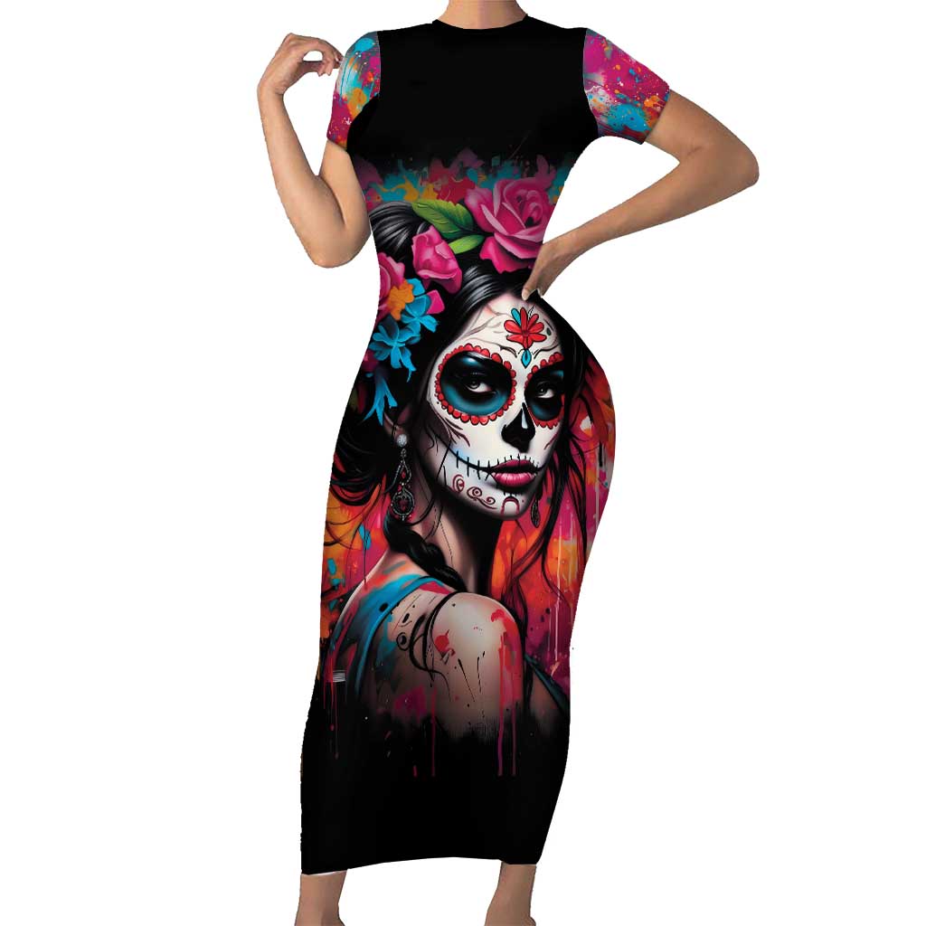 Mexico Day Of The Dead Short Sleeve Bodycon Dress Rose Catrina Goddess Sugar Skull - Wonder Print Shop