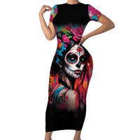 Mexico Day Of The Dead Short Sleeve Bodycon Dress Rose Catrina Goddess Sugar Skull - Wonder Print Shop