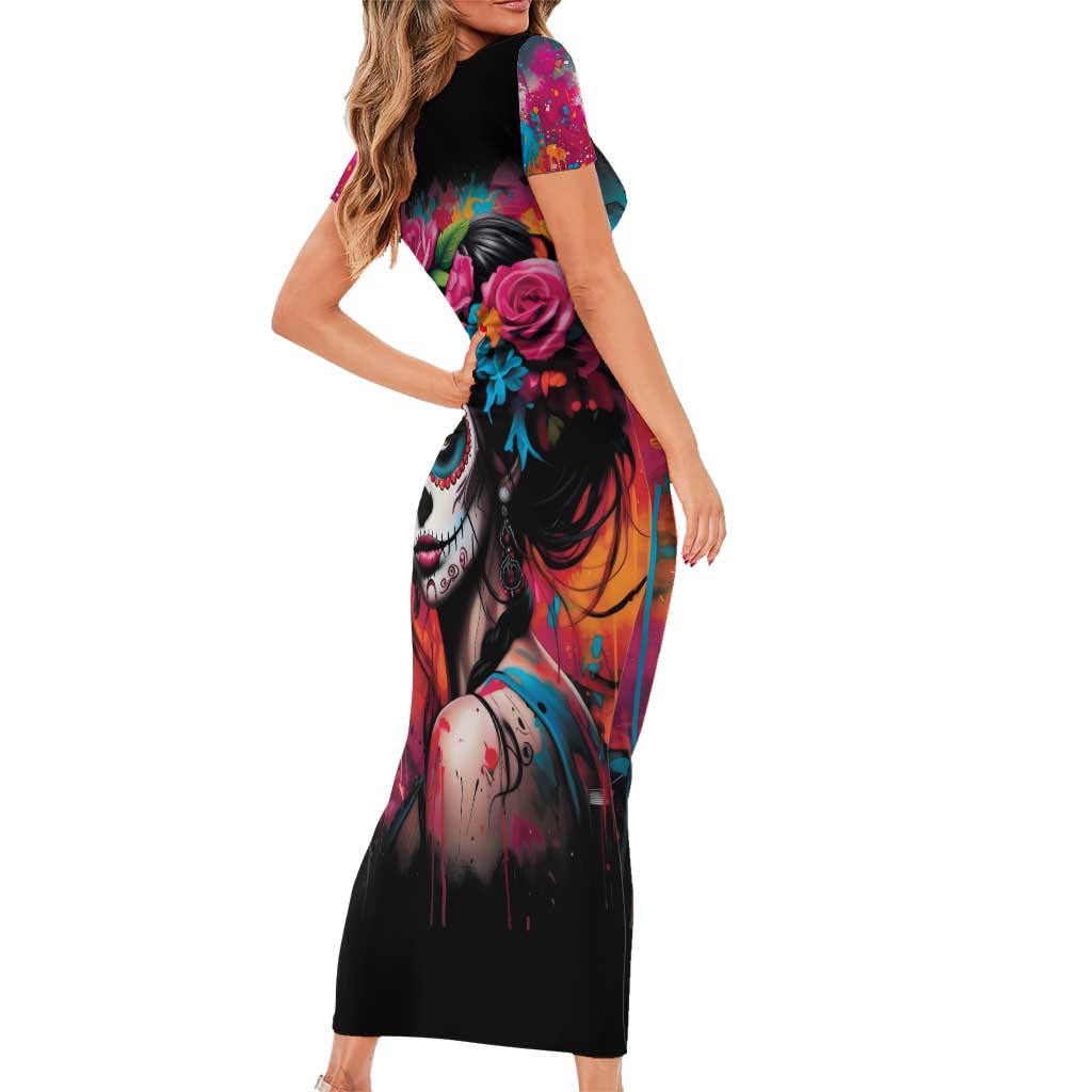 Mexico Day Of The Dead Short Sleeve Bodycon Dress Rose Catrina Goddess Sugar Skull - Wonder Print Shop