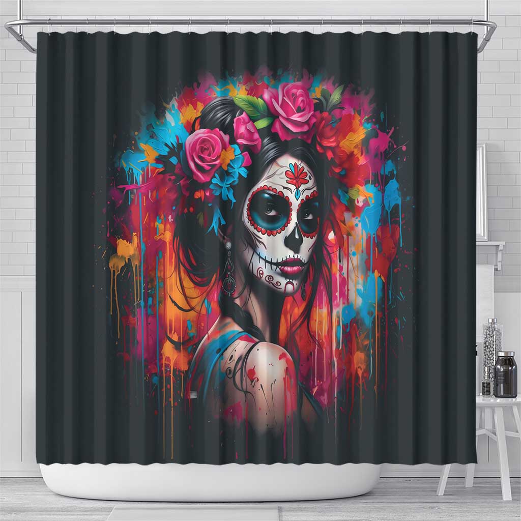 Mexico Day Of The Dead Shower Curtain Rose Catrina Goddess Sugar Skull - Wonder Print Shop