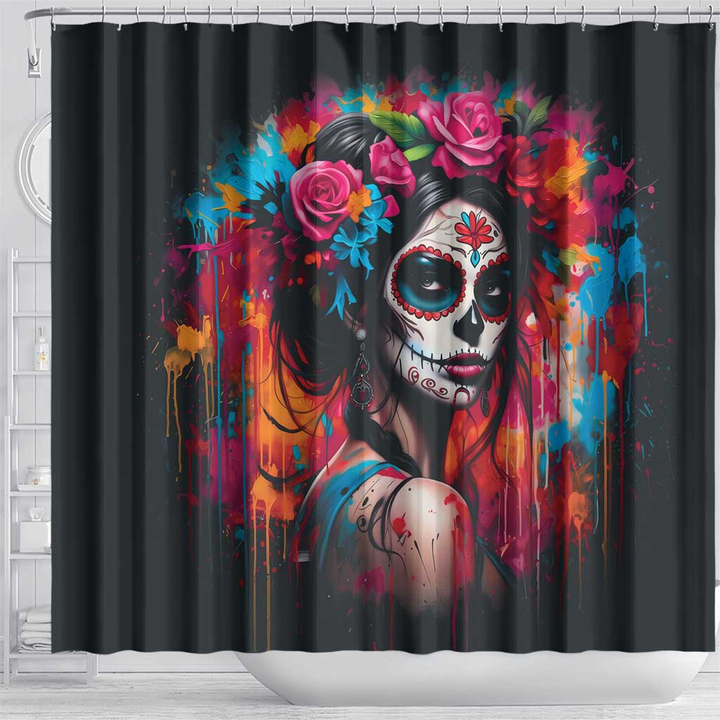 Mexico Day Of The Dead Shower Curtain Rose Catrina Goddess Sugar Skull - Wonder Print Shop
