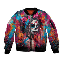 Mexico Day Of The Dead Sleeve Zip Bomber Jacket Rose Catrina Goddess Sugar Skull - Wonder Print Shop