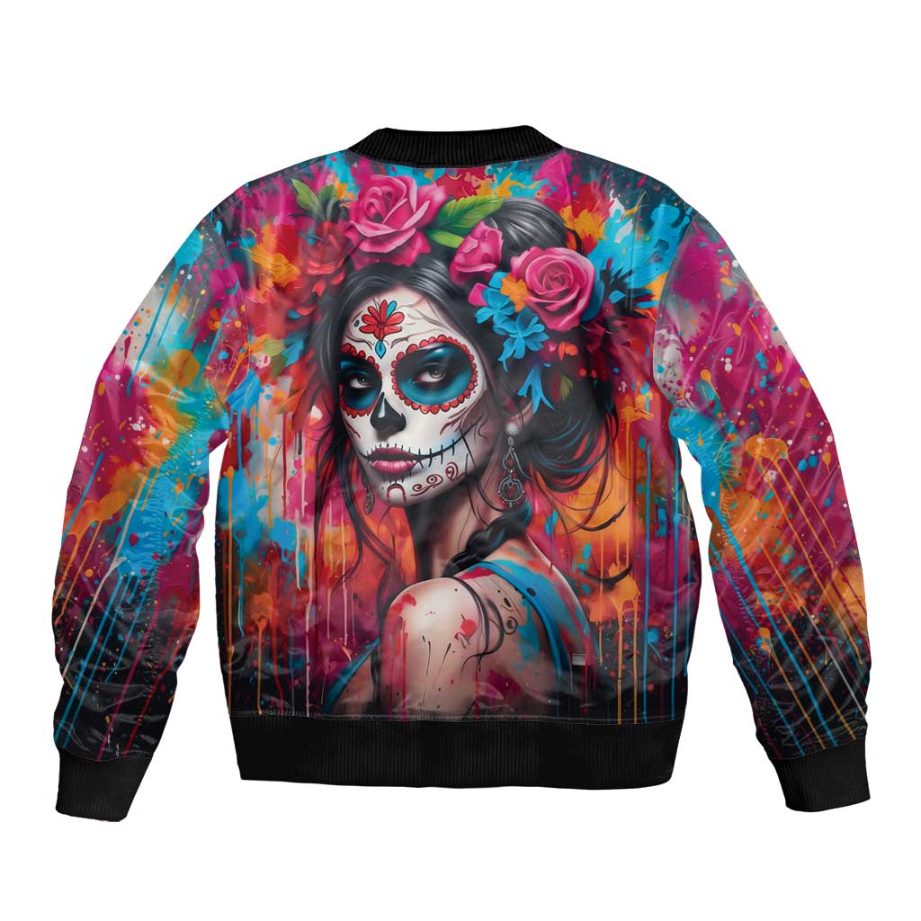 Mexico Day Of The Dead Sleeve Zip Bomber Jacket Rose Catrina Goddess Sugar Skull - Wonder Print Shop