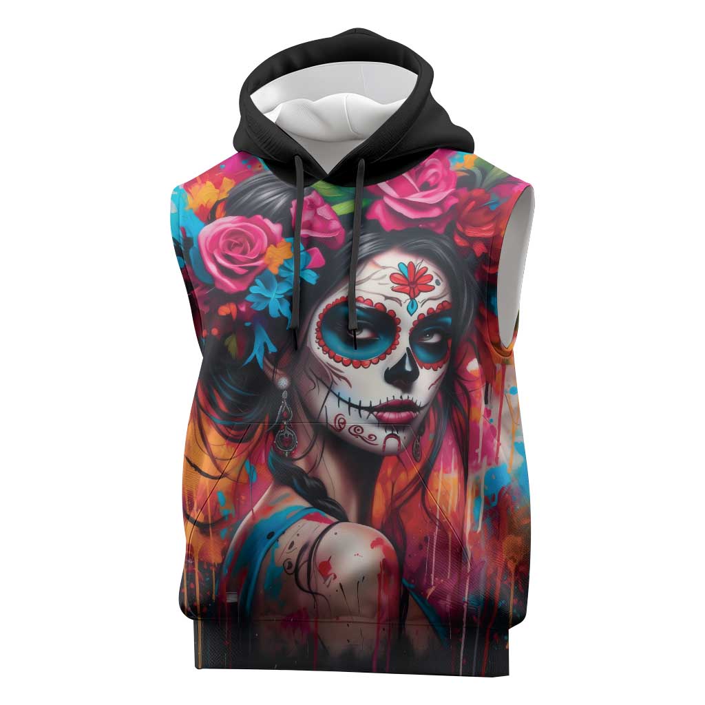 Mexico Day Of The Dead Sleeveless Hoodie Rose Catrina Goddess Sugar Skull - Wonder Print Shop