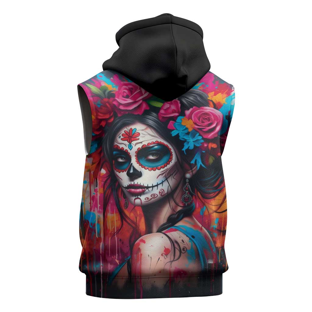 Mexico Day Of The Dead Sleeveless Hoodie Rose Catrina Goddess Sugar Skull - Wonder Print Shop